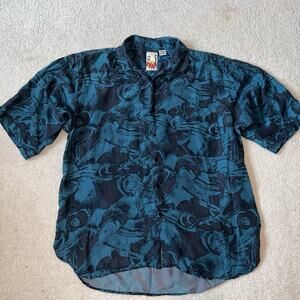 Vintage On The Brink Mens Short Sleeve Button Down Shirt Large 100% Silk Teal
